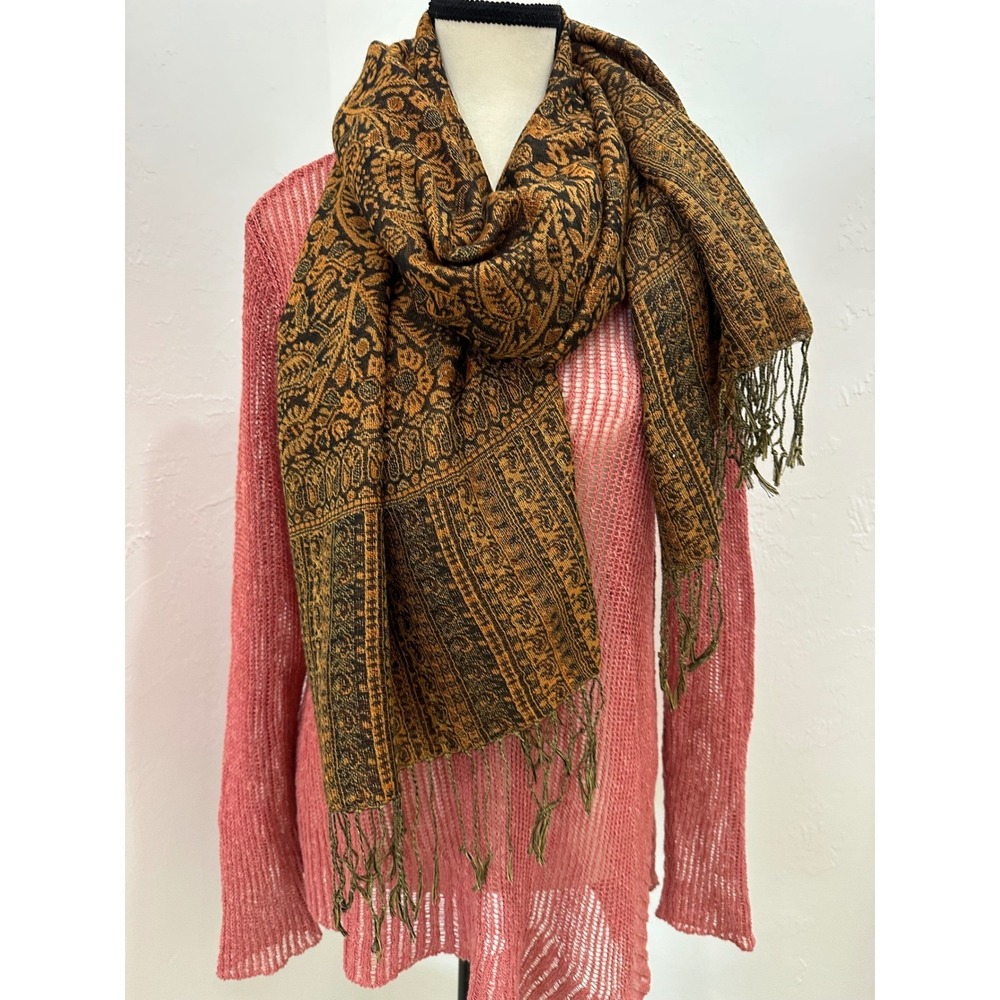 Pashmina Brown Black Paisley Scarf Wrap Fringe Trim 100% Pashmina 68x27 - Picture 4 of 9